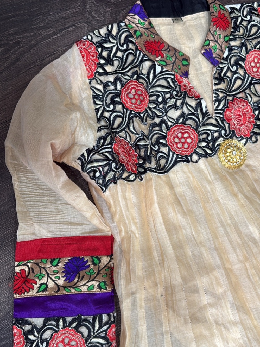 Embroidered Cream Women's Top with Red Floral Accents